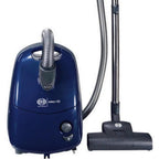 SEBO Airbelt E2 Turbo canister vacuum in dark blue with flexible hose and floor nozzle.