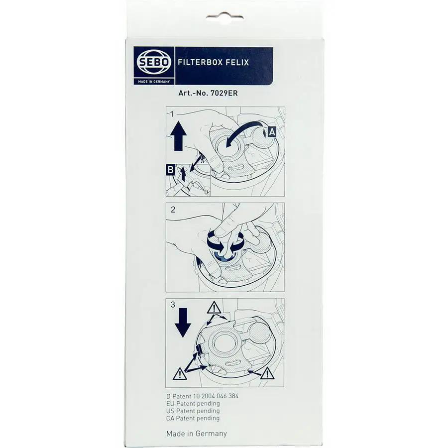 SEBO filter bag box for Felix and Dart vacuums, white packaging with SEBO logo and Felix label