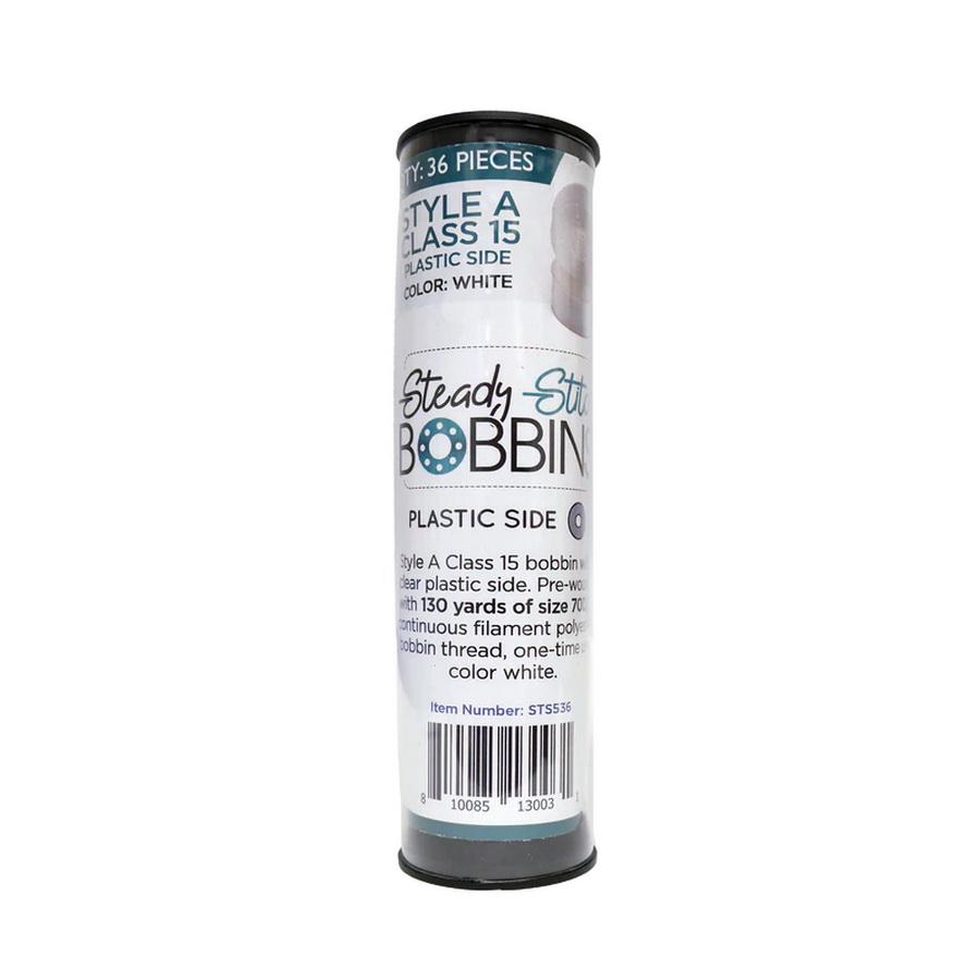 Steady Stitch Prewound Bobbins Style A Class 15 Plastic Sides White 36pcs/tube - Sewingmachinesplus.com