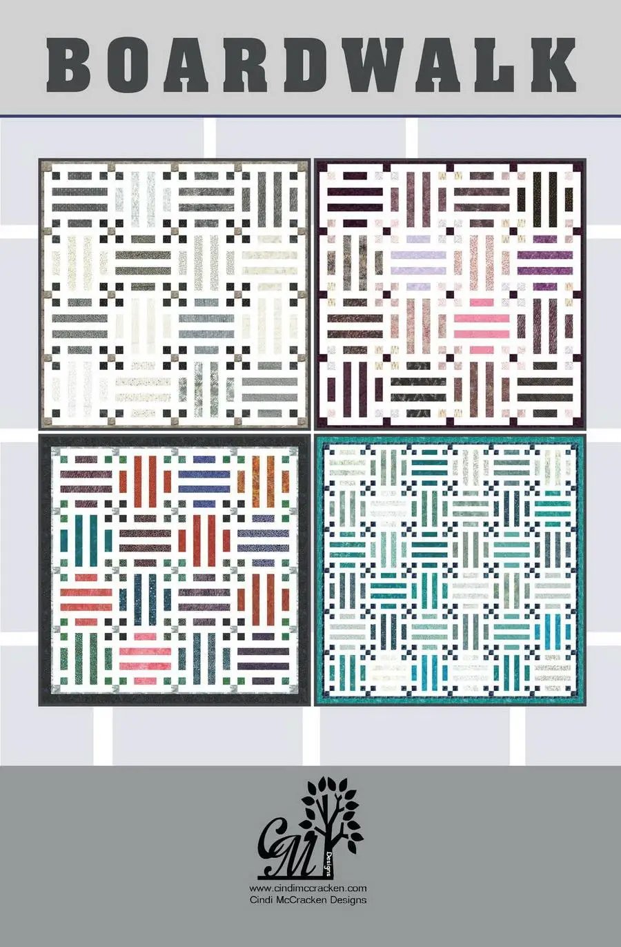 Boardwalk quilt kit by Cindi McCracken Designs featuring Bali Poppy Noir fabric strips across four color-block panels