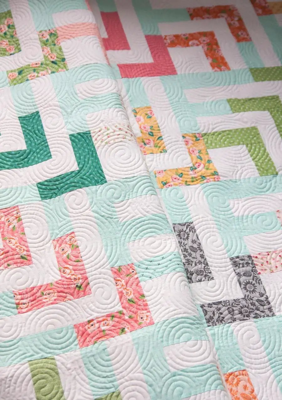 Lella Boutique Beach Comber Fabric Kit; pastel mint, pink and peach prints in a quilt block layout