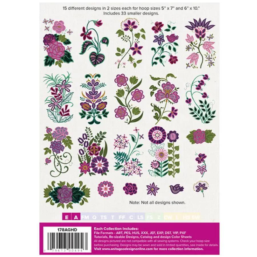 Anita Goodesign Fantasy Floral embroidery design collection; pink and purple florals, 15 designs for 5x7/6x10 hoops.