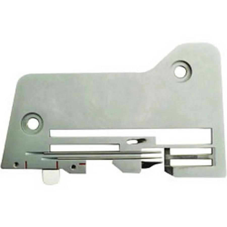 Juki needle plate for overlock sergers, silver metal with mounting holes.