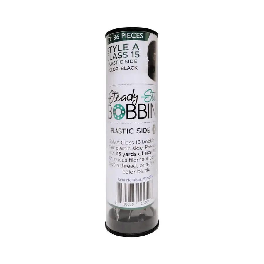 Steady Stitch Prewound Bobbins Style A Class 15 Plastic Sides Black 36pcs/tube - Sewingmachinesplus.com