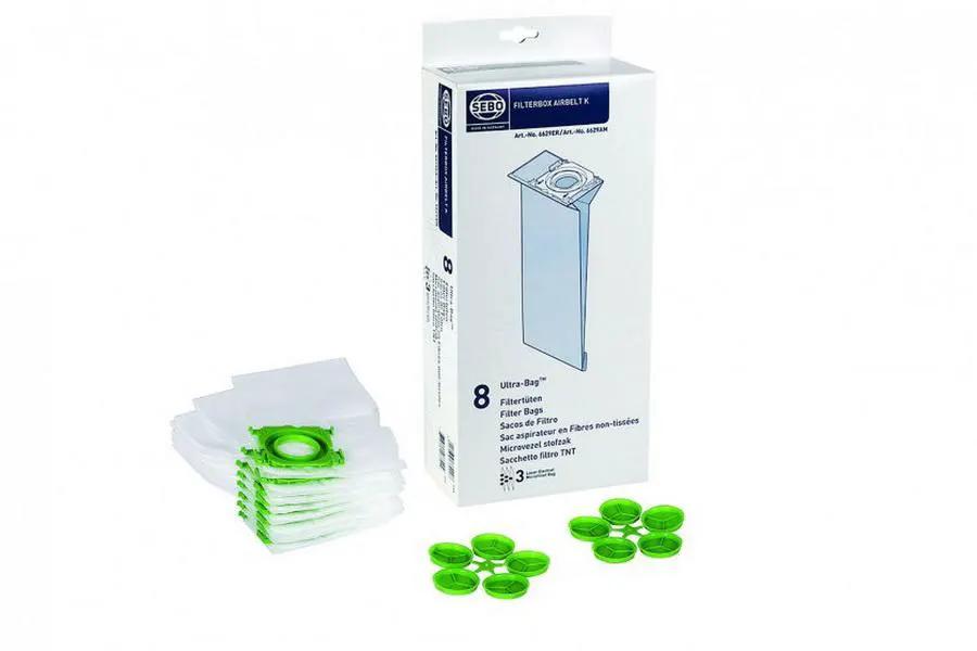 SEBO filter bag box for Airbelt K machines with 8 bags and green end caps