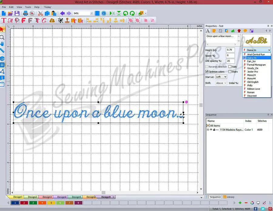 DIME Word Art in Stitches 87 embroidery software interface with a blue script design reading Once upon a blue moon.