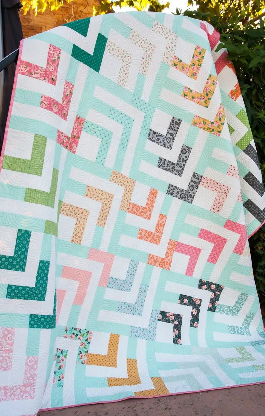 Lella Boutique Beach Comber Quilt Fabric Kit, pastel mint and pink prints in a geometric patchwork layout