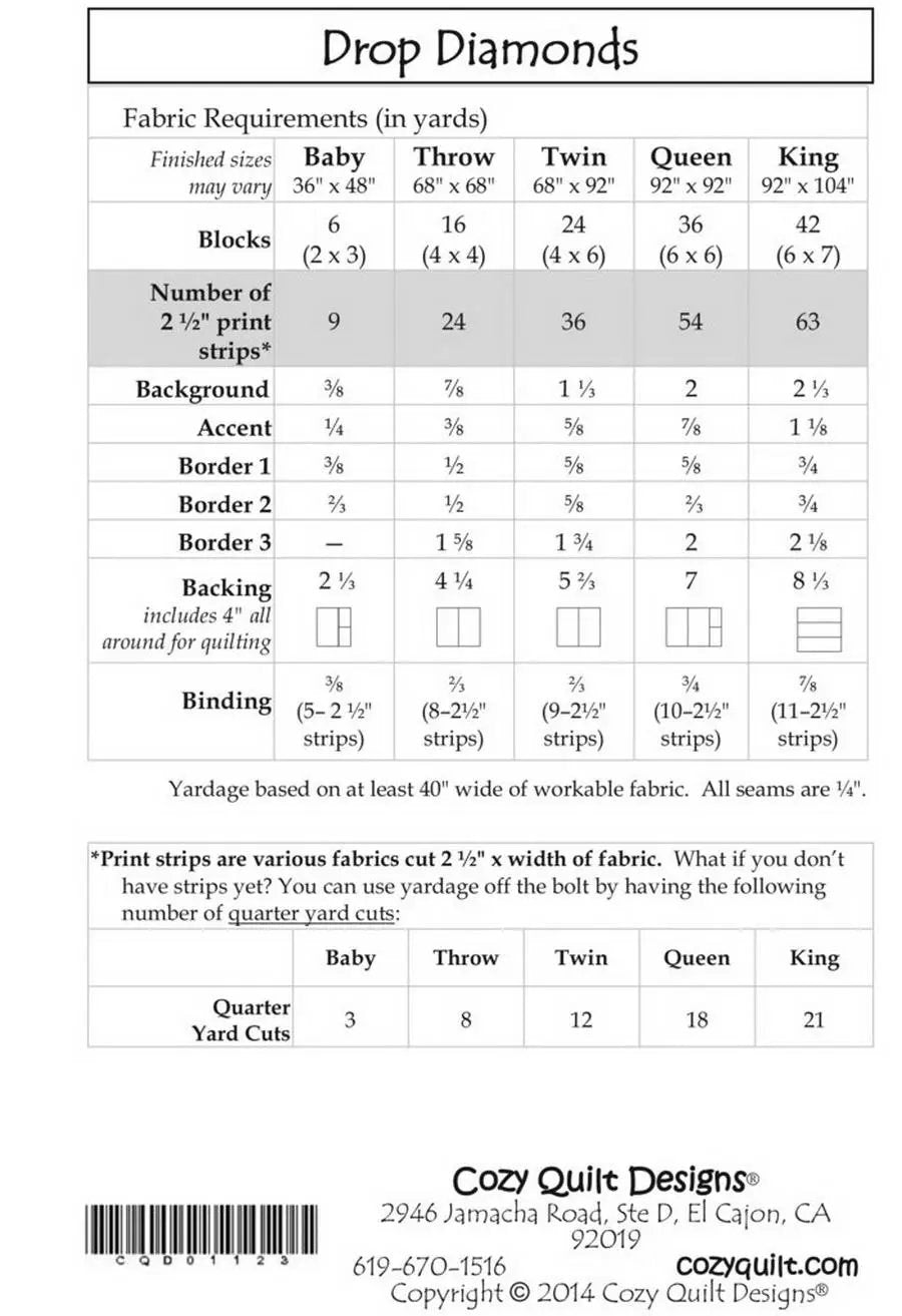Cozy Quilt Designs Drop Diamonds quilt fabric kit; yardage chart for Baby, Throw, Twin, Queen, King sizes.