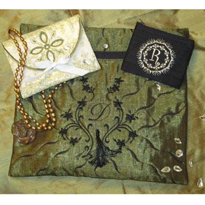 Embroidered green fabric with jewelry