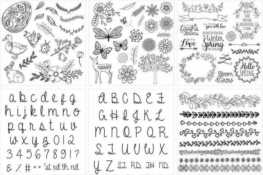 Threaders embroidery transfer sheets Spring set, six sheets of floral motifs, alphabets, borders, and quotes