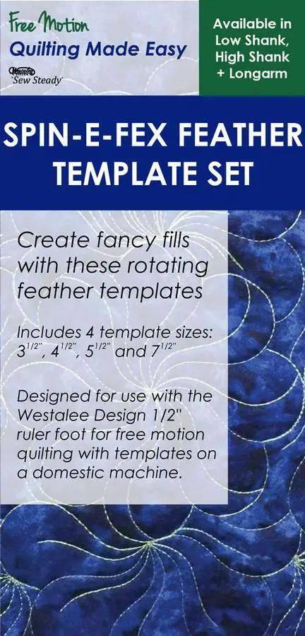 Westalee Spin-e-Fex Feather template set for quilting; includes 4 templates in sizes 3 1/2, 4 1/2, 5 1/2 and 7 1/2 inches