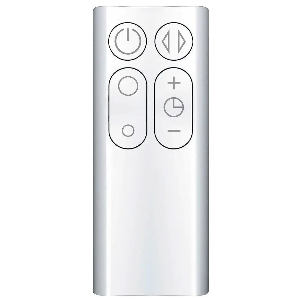 Dyson AM07 white tower fan remote control with round power button and vertical plus/minus controls