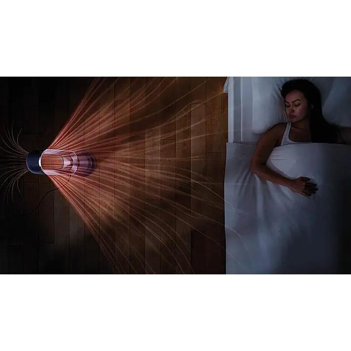 Dyson Hot+Cold Jet Focus Fan AM09 in white, projecting airflow across the room.