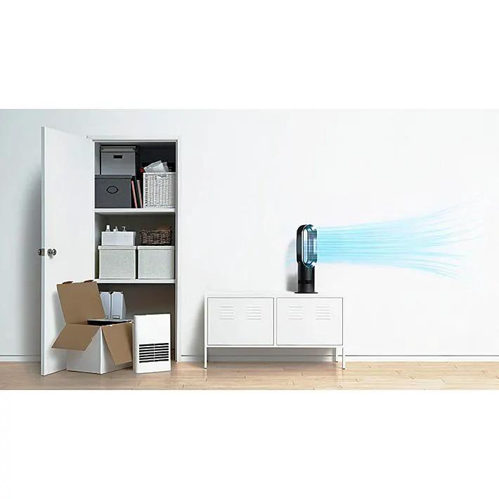 Dyson Hot+Cold Jet Focus Fan AM09 in white with blue airflow on a white cabinet.