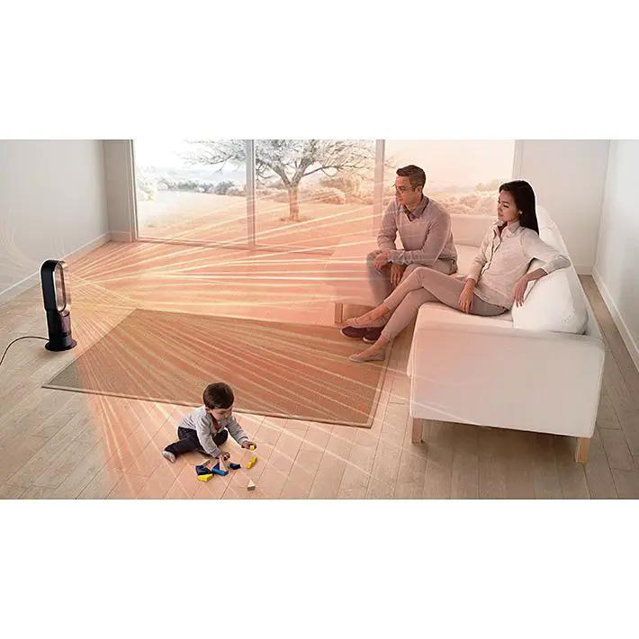 Dyson Hot+Cold Jet Focus Fan AM09 in white; bladeless heater/fan emitting warm air across a living room.