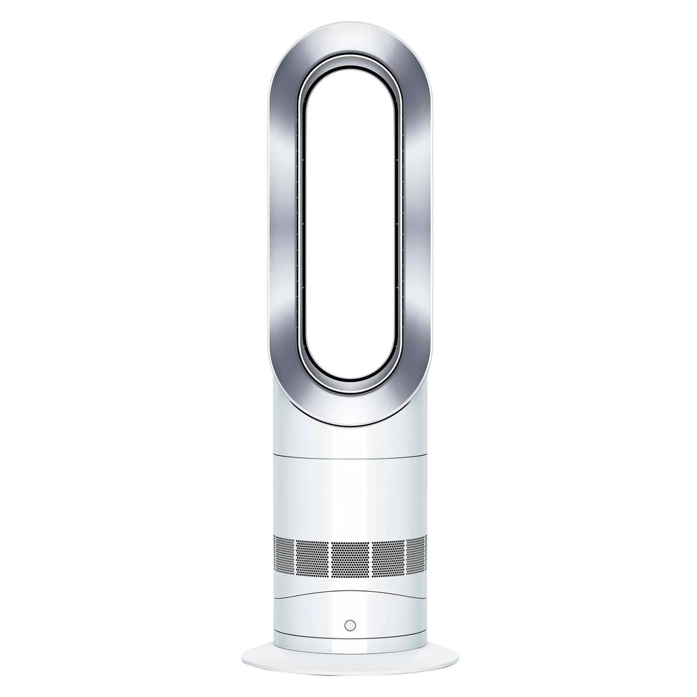 Dyson Hot+Cold Jet Focus Fan AM09, white bladeless tower with chrome accents