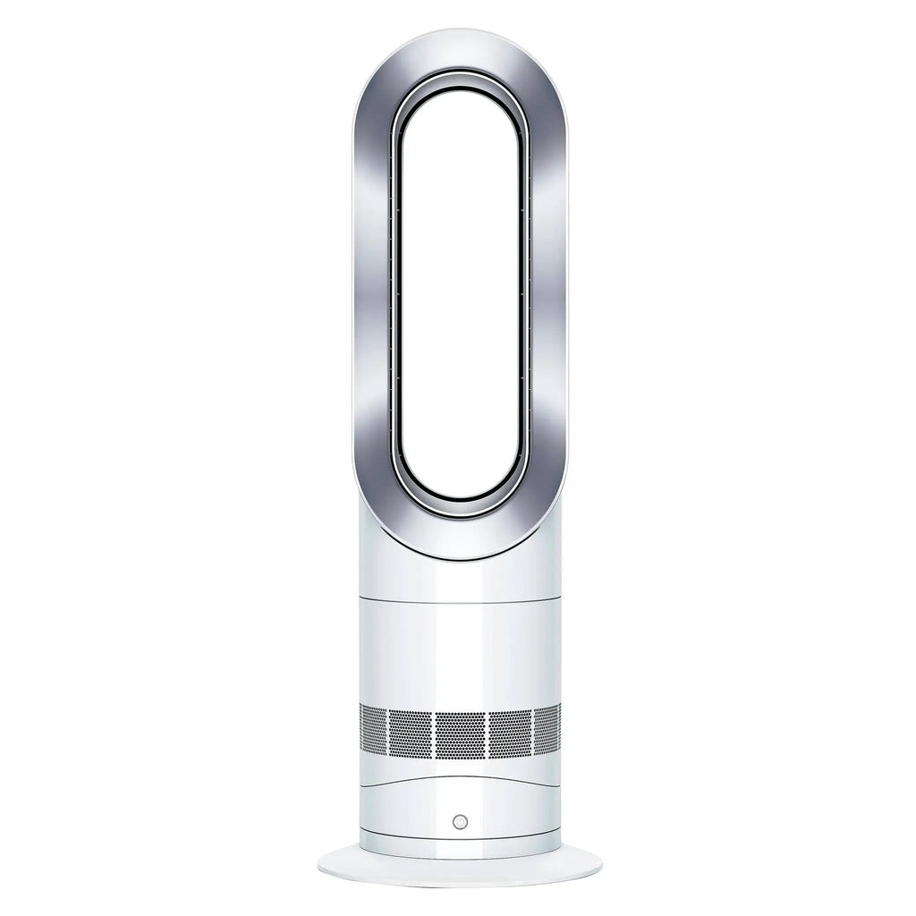 Dyson Hot+Cold Jet Focus Fan AM09, white bladeless tower with chrome accents