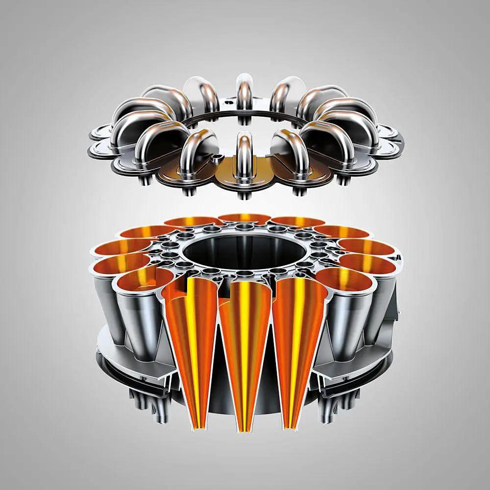 Dyson DC39 Ball Multi Floor canister vacuum exploded view with orange cyclone tubes and metal components
