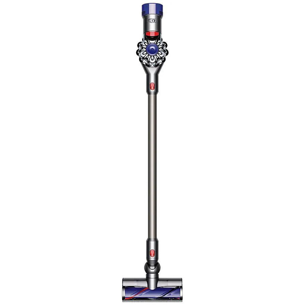 Dyson V8 Animal cordless vacuum with long wand and motorized brush head, metallic grey with blue accents