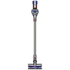 Dyson V8 Animal cordless vacuum with long wand and motorized brush head, metallic grey with blue accents