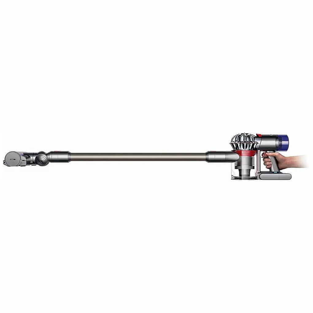 Dyson V8 Animal cordless stick vacuum with long wand and bottom-release dust cup.