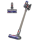 Dyson V8 Animal vacuum; cordless two-piece set with silver body and blue floor head