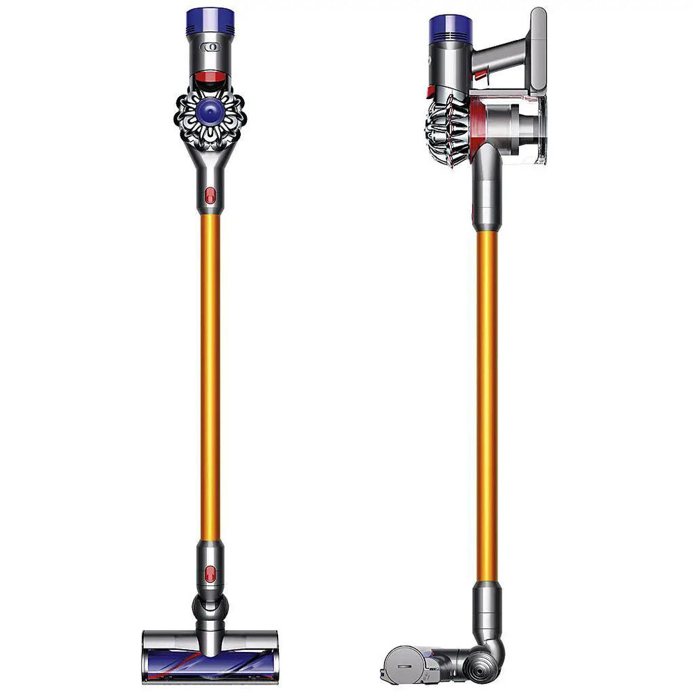 Dyson V8 Absolute vacuum; cordless stick vacuum with orange wand and blue cyclone, front and side views