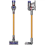Dyson V8 Absolute vacuum; cordless stick vacuum with orange wand and blue cyclone, front and side views