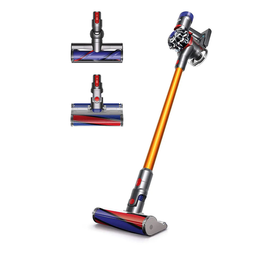Dyson V8 Absolute vacuum with three brush heads and orange wand