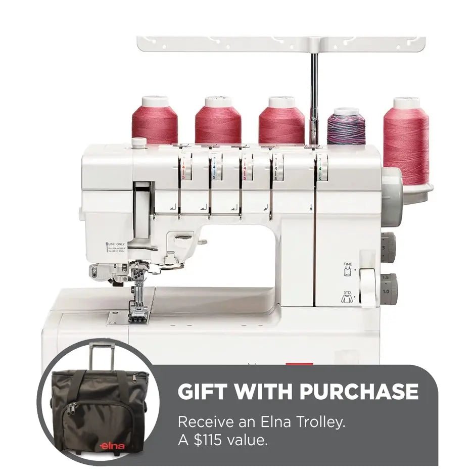 Elna eXtend Cover Max Coverstitch Serger Machine, white with five thread spools on top