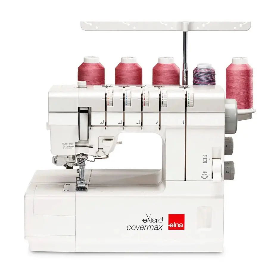 Elna eXtend CoverMax serger machine with white body and five thread spools