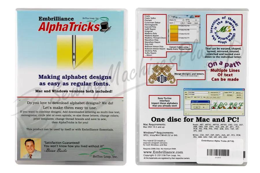 Embrilliance AlphaTricks embroidery software boxes for Mac and PC, packaging with logo and back-screen images, two boxes
