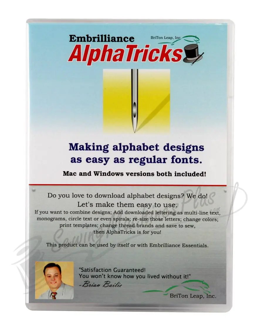 Embrilliance AlphaTricks embroidery software box, blue packaging, Mac and Windows versions included