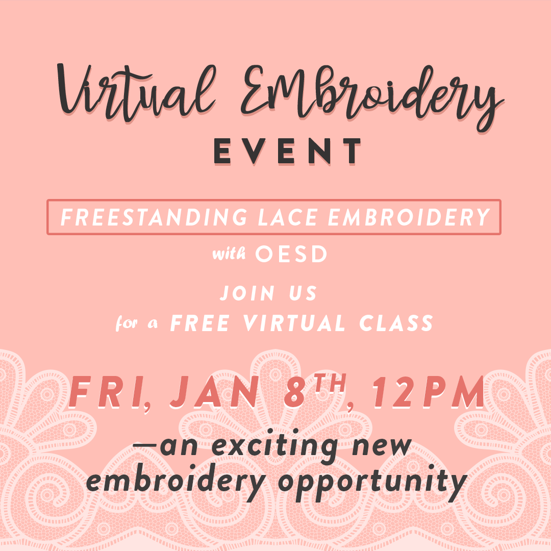 Virtual Embroidery Event with OESD banner with event details