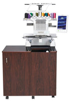 Sewing cabinet Koala Heritage Embroidery Center in teak with white embroidery unit and colorful thread spools
