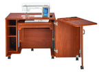 Koala Studios Heritage Cub sewing cabinet, teak finish, with fold-out side table and caster wheels