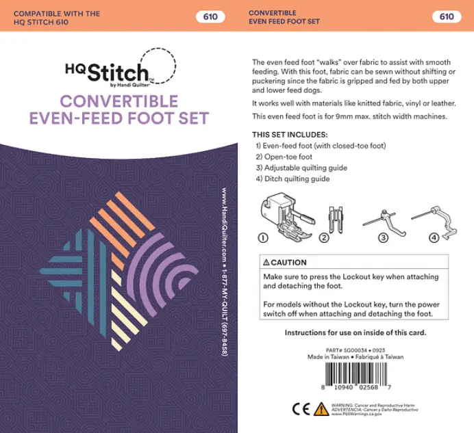 Handi Quilter HQ Stitch 610 Even-Feed Foot Set; includes even-feed foot, open-toe foot, and quilting guides.