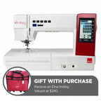 Elna eXcellence 772 computerized sewing machine with red touchscreen panel; pink Elna trolley gift