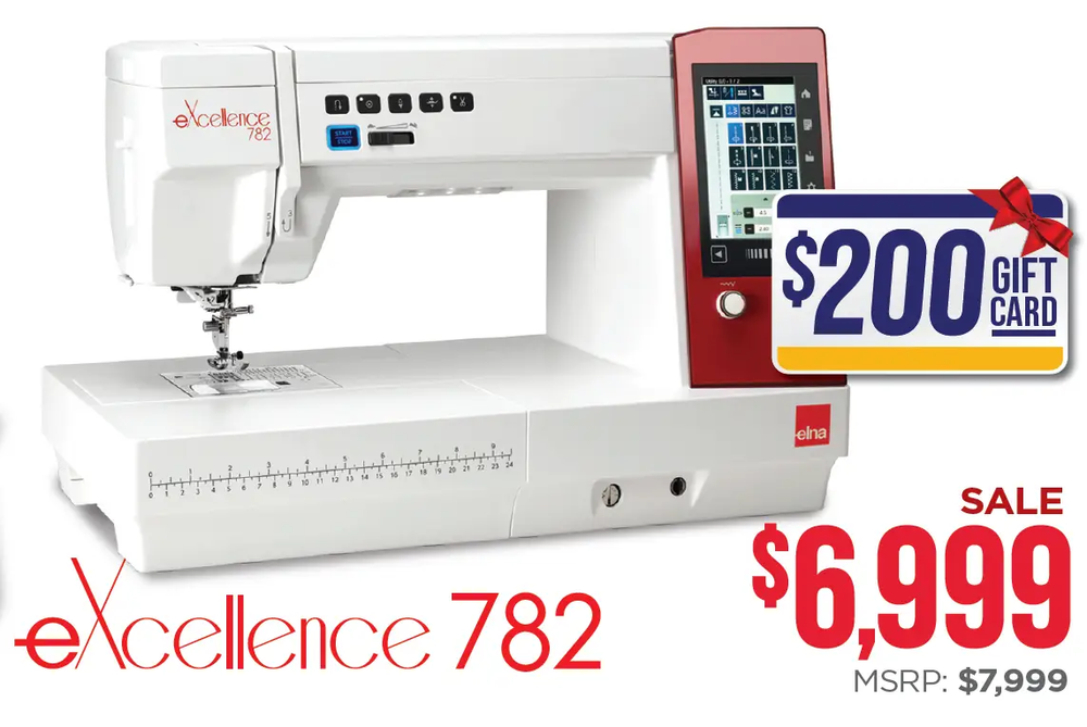 Elna eXcellence 782 computerized sewing and quilting machine, white with red display panel