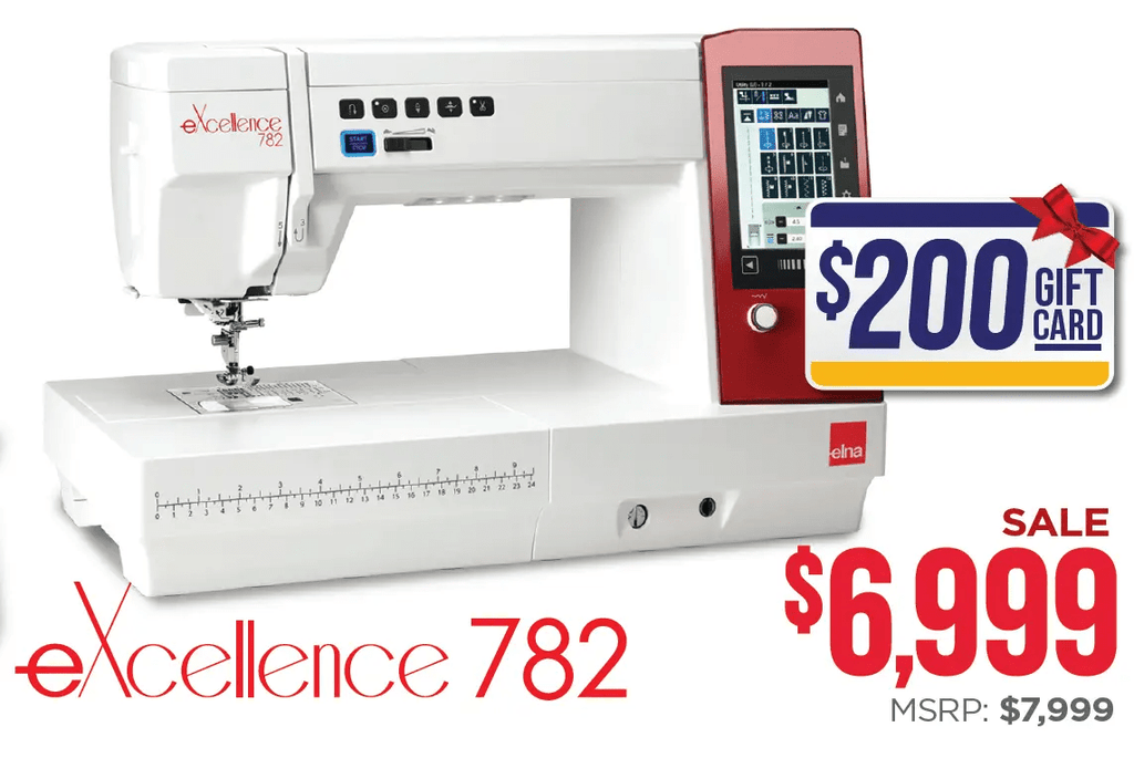 Elna eXcellence 782 computerized sewing and quilting machine, white with red display panel