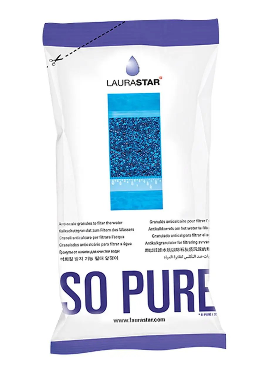 Laurastar water filter anti-scale G Line packaging with blue beads graphic