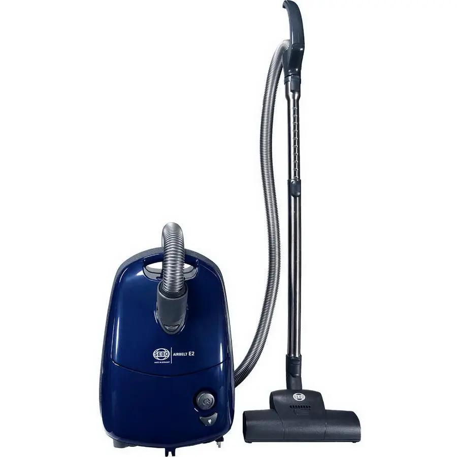 SEBO AIRBELT E2 Turbo canister vacuum in dark blue with hose and floor nozzle