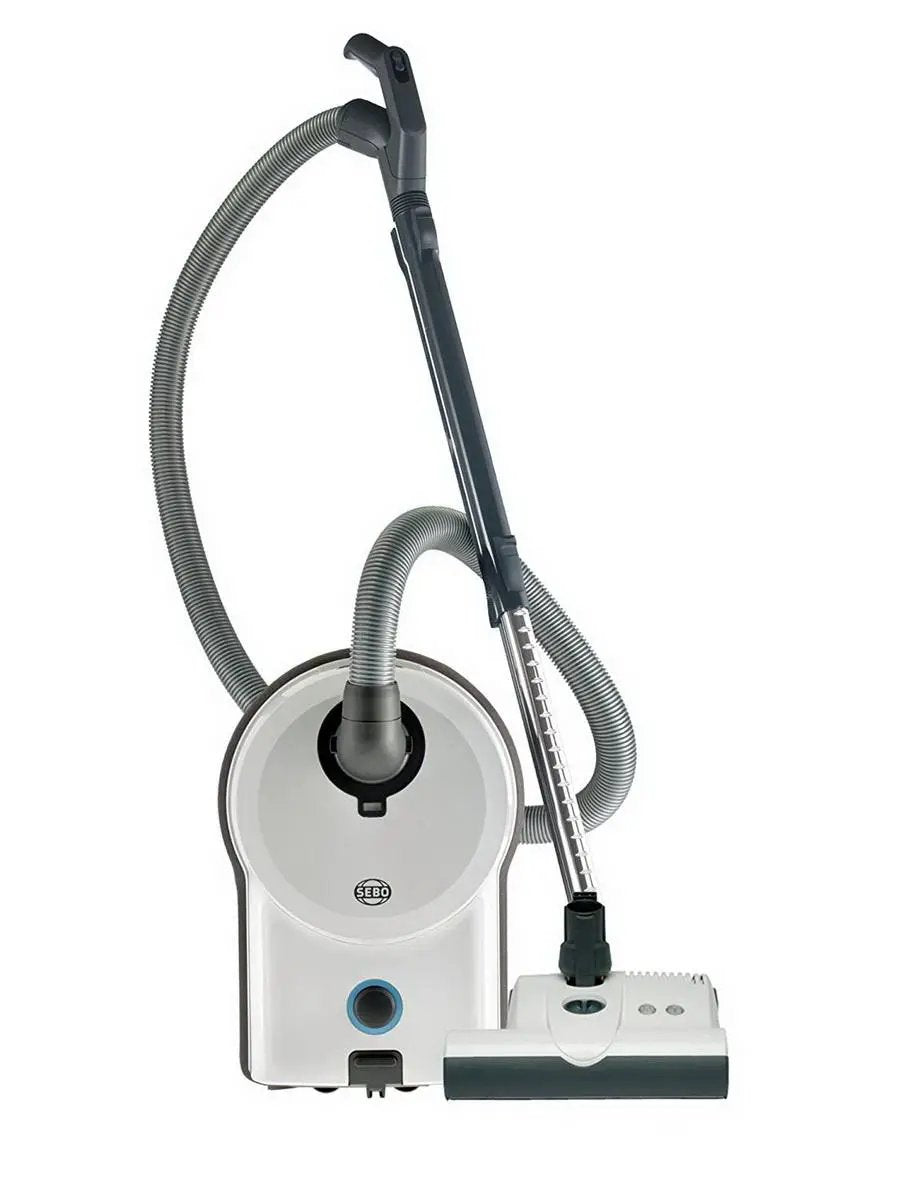 SEBO AIRBELT D4 Premium canister vacuum in white with flexible hose and floor nozzle.