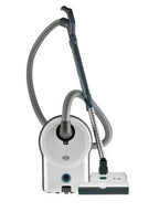 SEBO AIRBELT D4 Premium canister vacuum in white with flexible hose and floor nozzle.