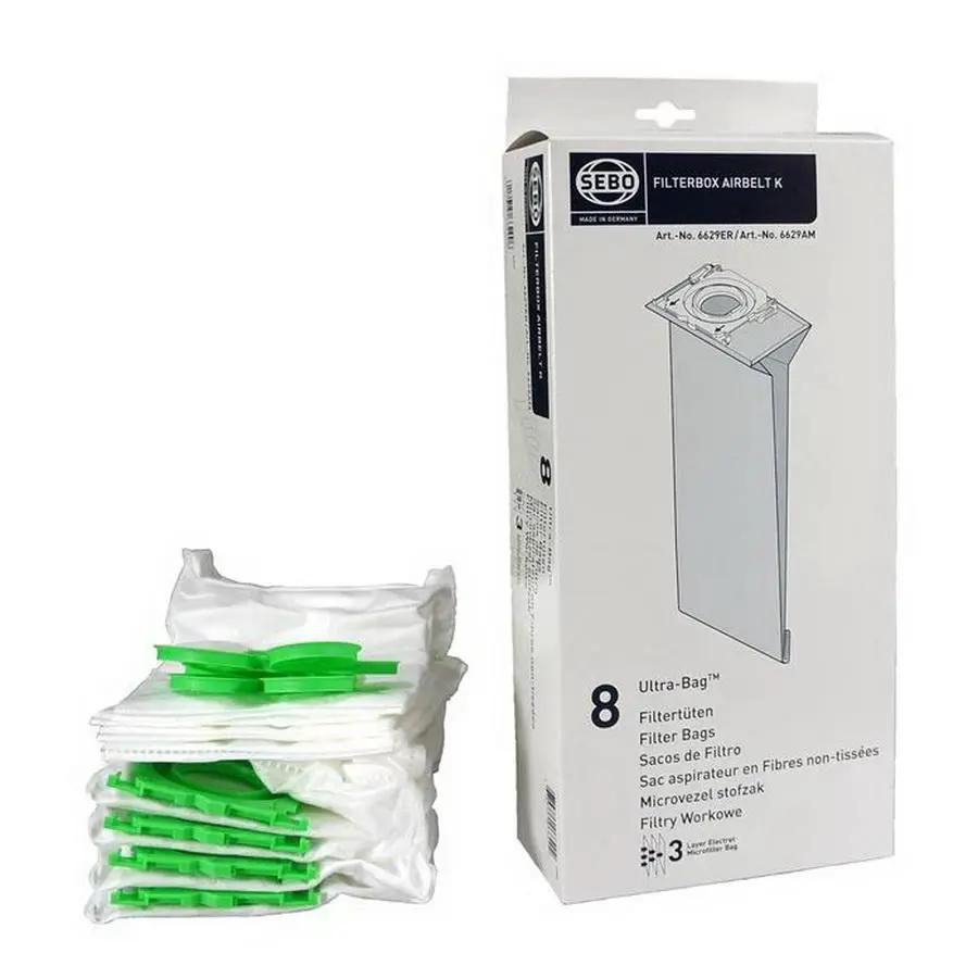 SEBO Filter Bags Box for Airbelt K machines; 8 Ultra-Bag filter bags with green tabs