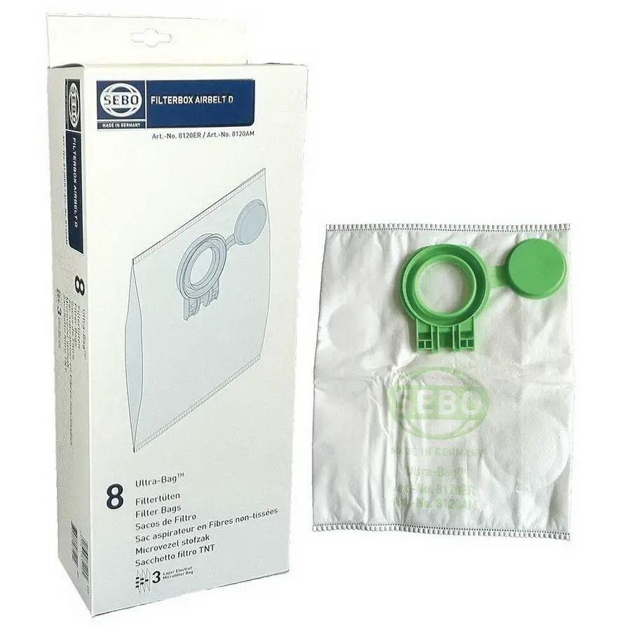 SEBO filter bag box for Airbelt D Series machines; white box with SEBO logo and blue label, green filter bag components.