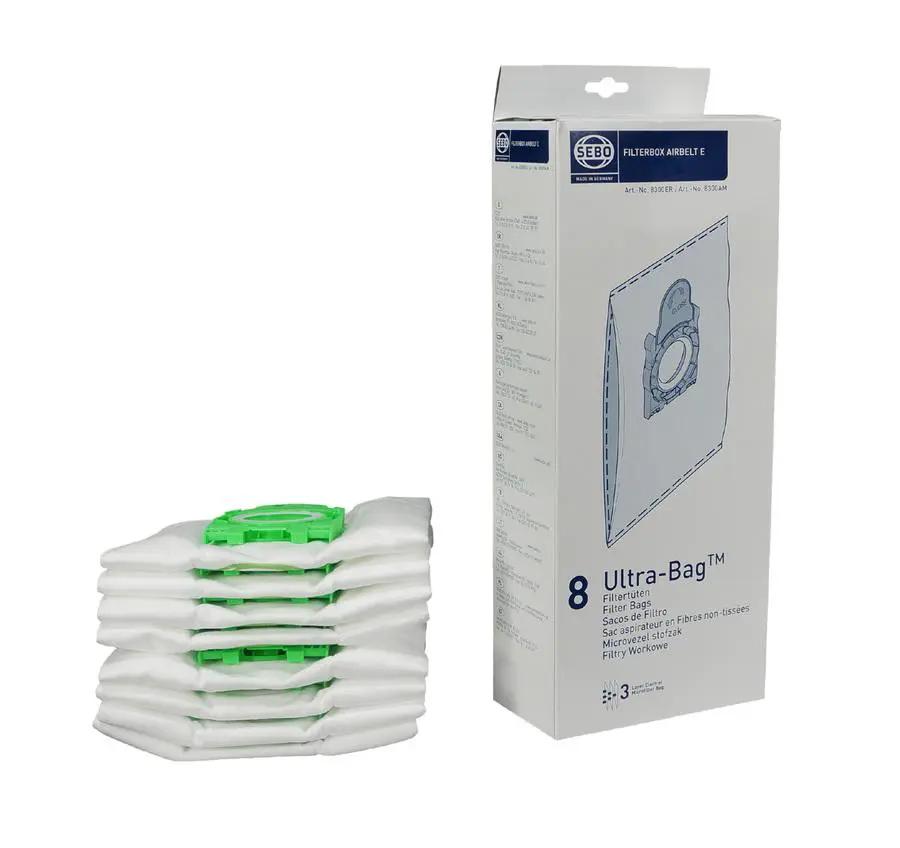 SEBO Ultra-Bag filter bags box for Airbelt E Series machines, white bags with green top, 8-pack