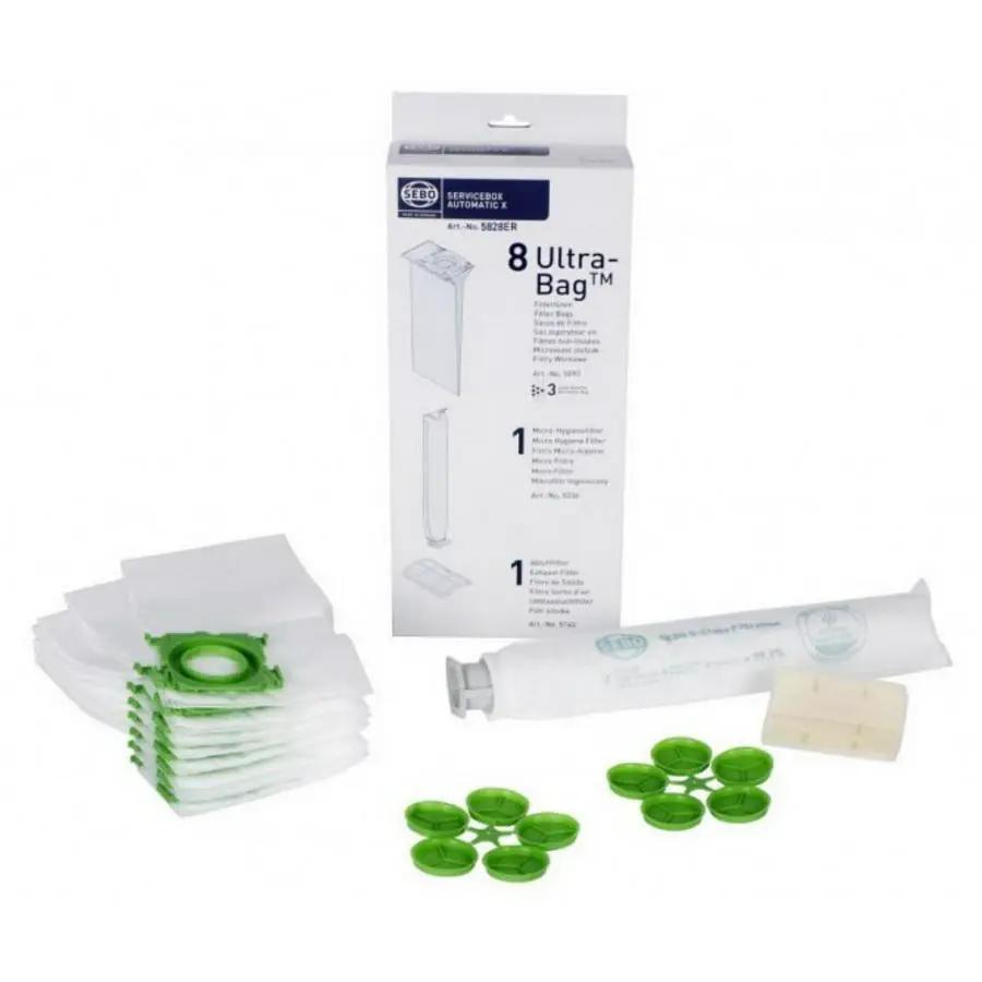 SEBO Service Box for Automatic X Series vacuum bags; includes 8 Ultra-Bag filter bags and green valve caps