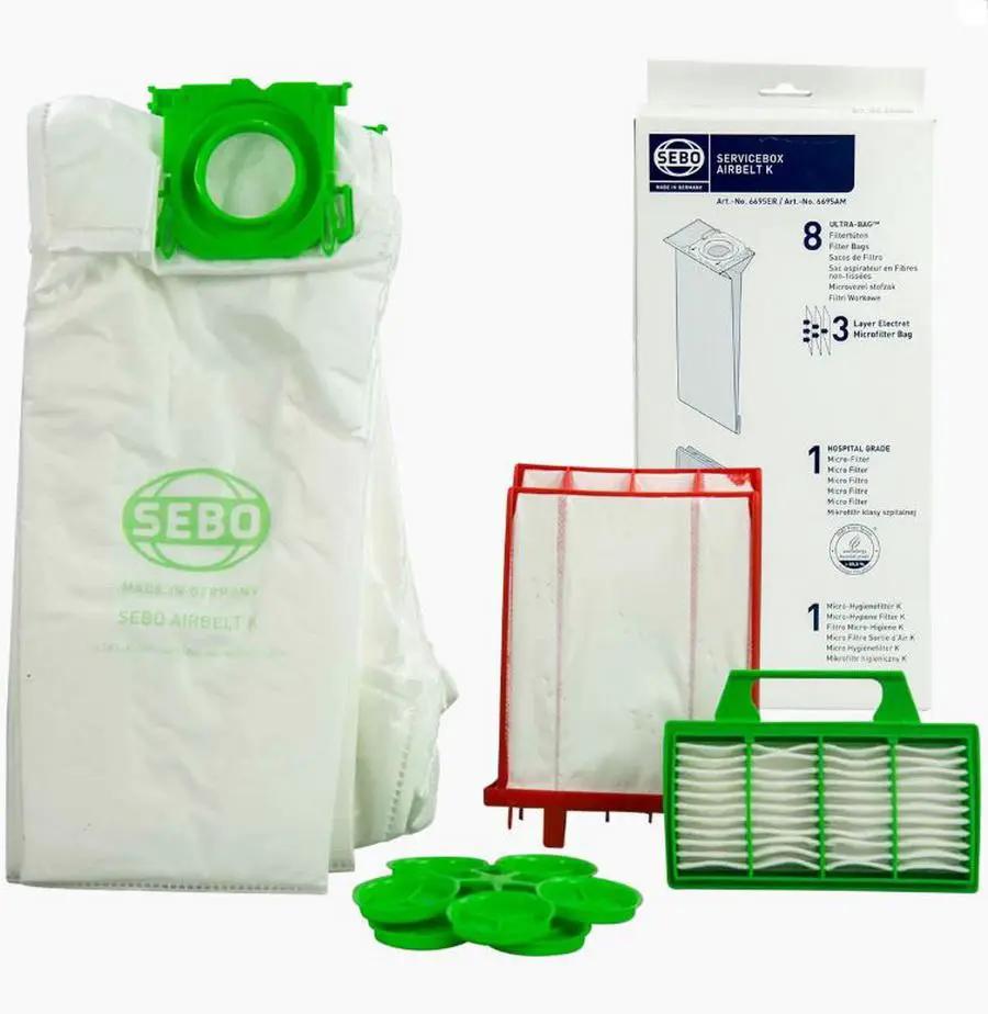 SEBO Service Box for Airbelt K Series machines — white filter bag, green frame, red filter unit.