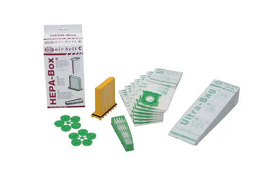 SEBO HEPA Service Box for Airbelt C Series machines filter bags; white box with red SEBO logo and green filters